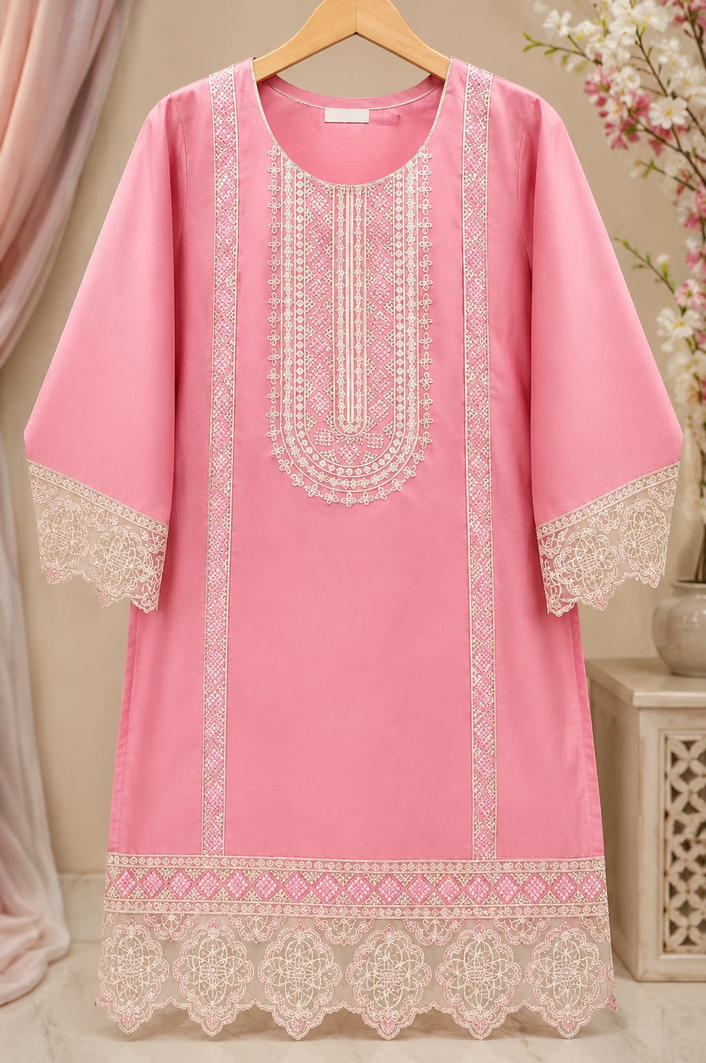 Elegant Rose Pink 3-Piece Embroidered PV Cotton Suit (Medium Length)
