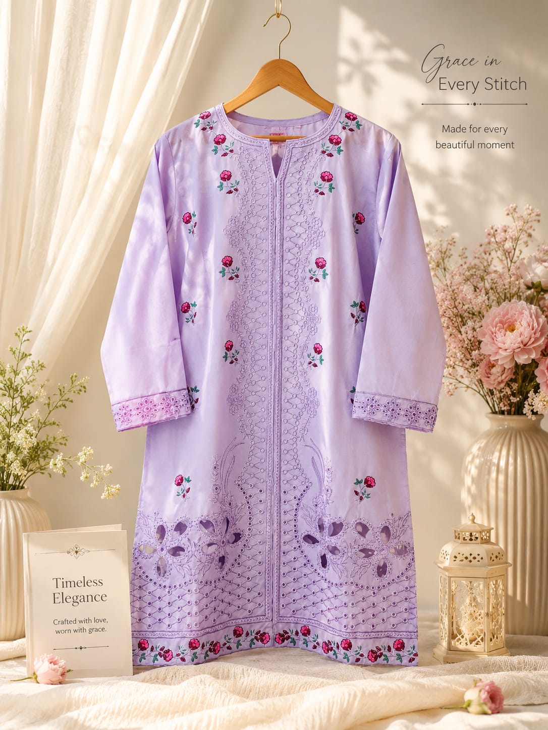 Exquisite Lilac 3-Piece Embroidered PV Cotton Suit (Medium Length)