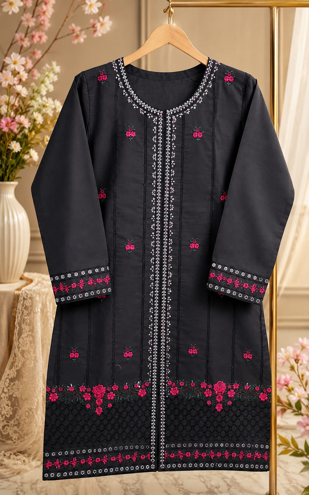 Sophisticated Black 3-Piece Embroidered PV Cotton Suit (Medium Length)