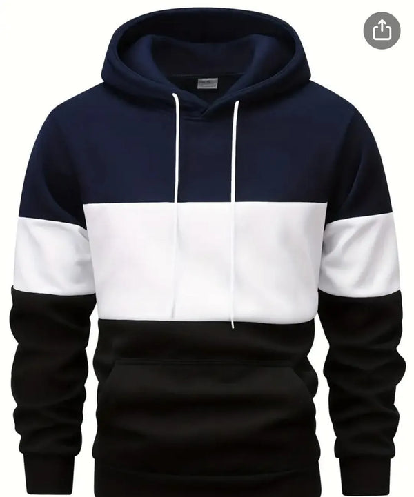 Tri-Color Blocked Fleece Hoodie with Kangaroo Pocket for Men