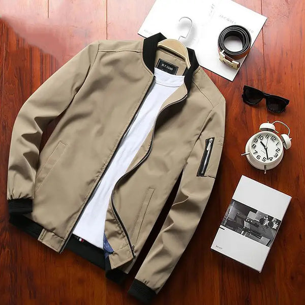 Men's Khaki Zip-Up Bomber Jacket with Sleeve Pocket | Premium Casual Jacket
