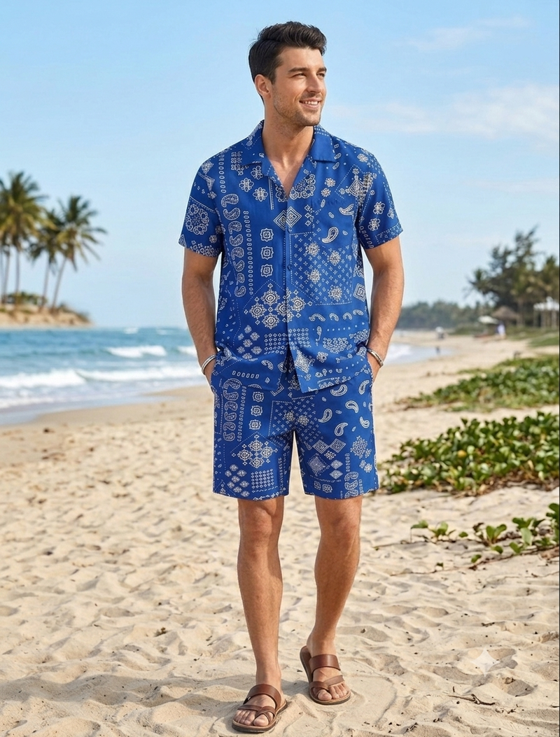 THREAD THEORY Blue Bandana Print Men's Short-Sleeve Resort Set