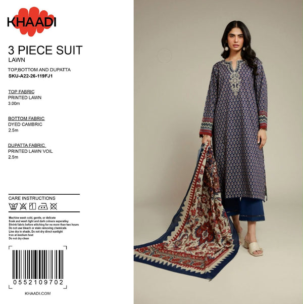 KHAADI 3-Piece Printed Lawn Suit with Printed Lawn Voil Dupatta