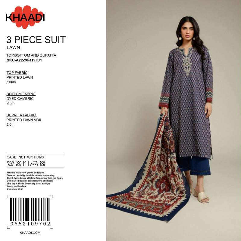 KHAADI 3-Piece Printed Lawn Suit with Printed Lawn Voil Dupatta