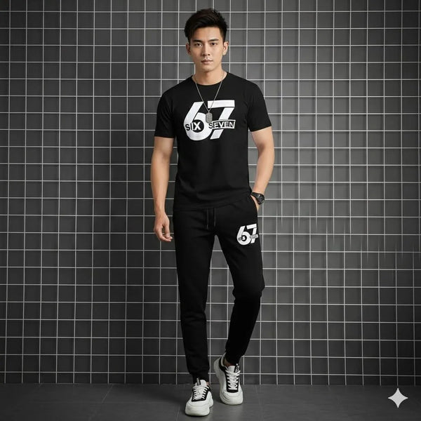 Men’s "67 Six Seven" Graphic T-Shirt & Jogger Tracksuit Set - Black