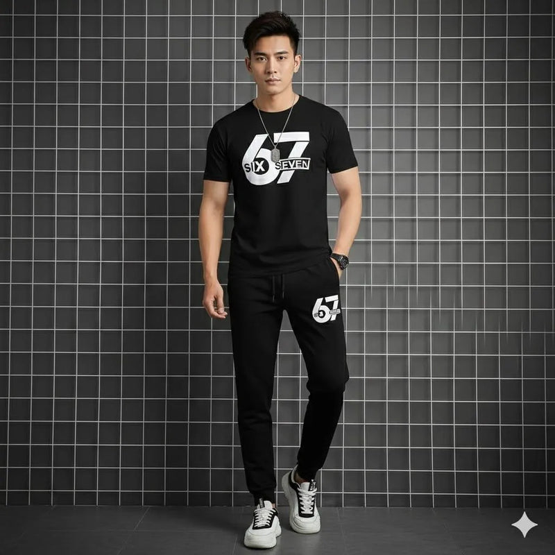 Men’s "67 Six Seven" Graphic T-Shirt & Jogger Tracksuit Set - Black