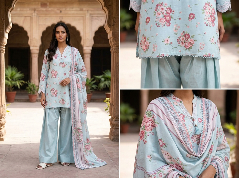 KHAADI 3-Piece Printed Lawn Suit with Printed Lawn Voil Dupatta