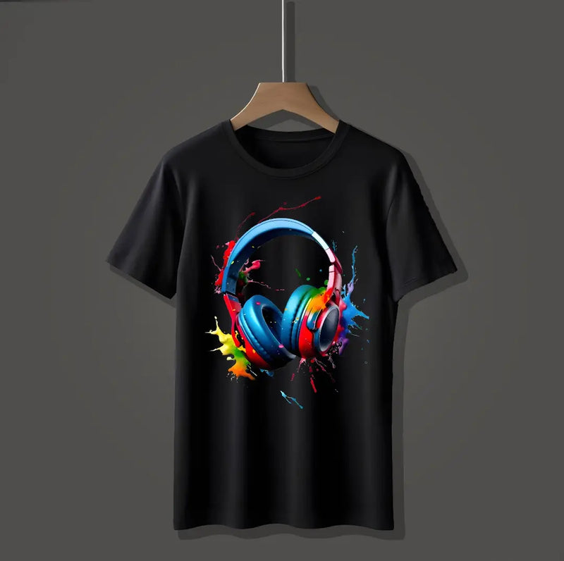 Men's Colorful Headphone Paint Splash Black T-Shirt