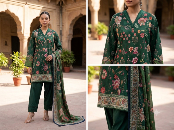 KHAADI 3-Piece Printed Lawn Suit with Printed Lawn Voil Dupatta