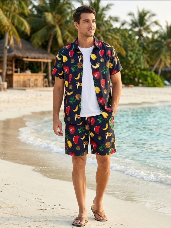 THREAD THEORY Tropical Fruit Motif Men's Short-Sleeve Resort Set
