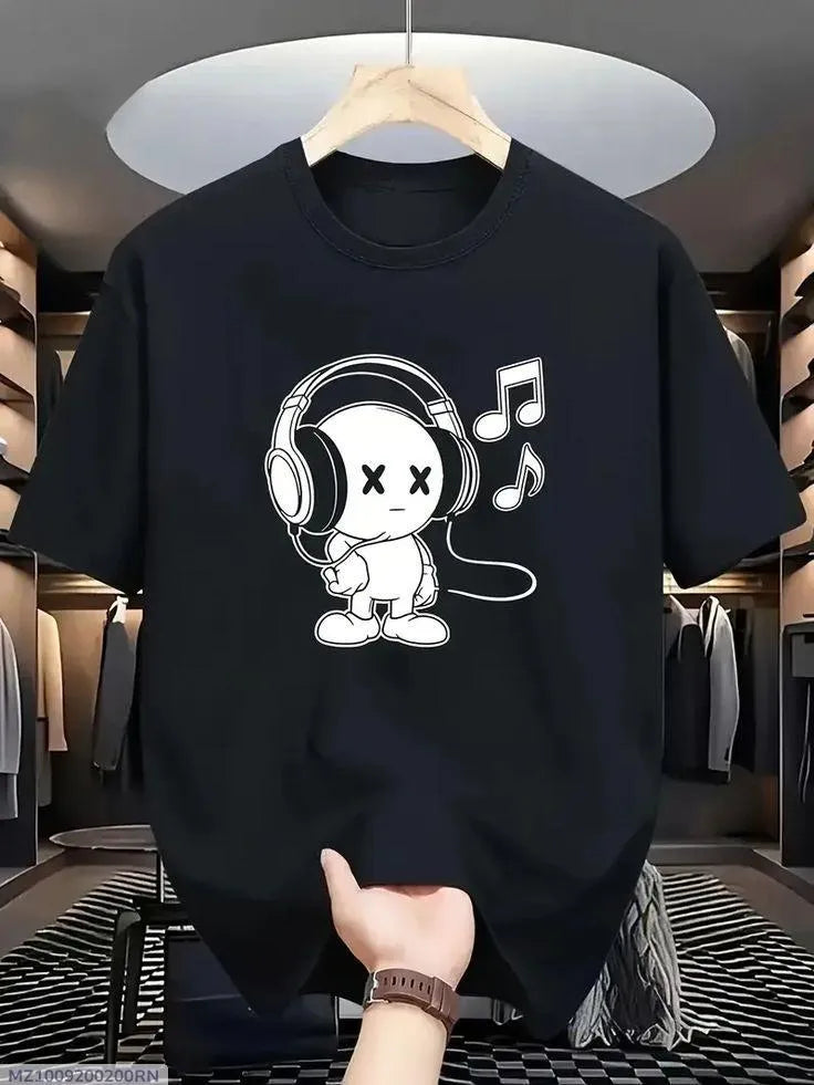 Men's Music Headphone Cartoon Graphic Black T-Shirt