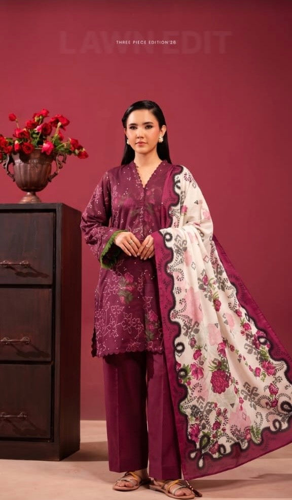 Crimson Blossom Unstitched 3-Piece Lawn Suit