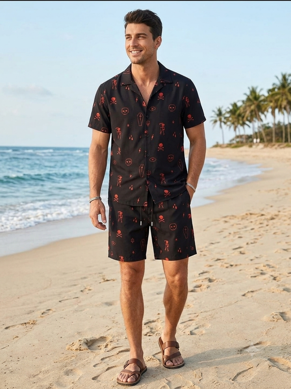 THREAD THEORY Gothic Beach Motif Men's Short-Sleeve Resort Set
