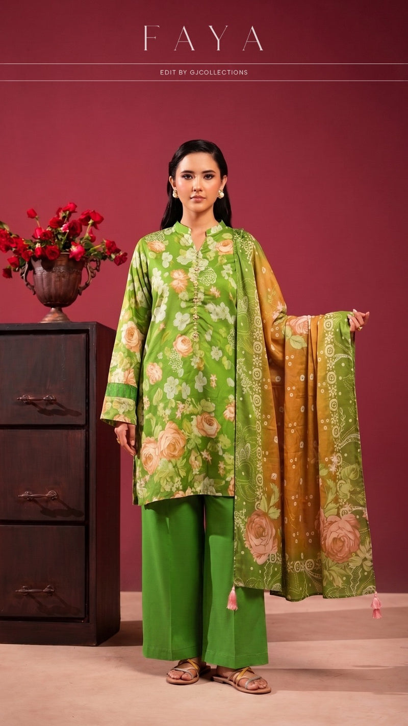 Faya Olive Bloom Unstitched 3-Piece Suit