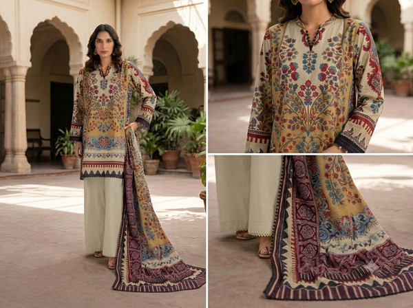 KHAADI 3-Piece Printed Lawn Suit with Printed Lawn Voil Dupatta