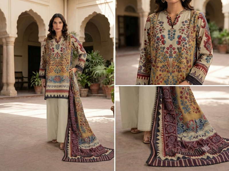 KHAADI 3-Piece Printed Lawn Suit with Printed Lawn Voil Dupatta