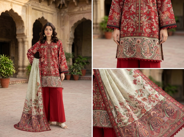 KHAADI 3-Piece Printed Lawn Suit with Printed Lawn Voil Dupatta