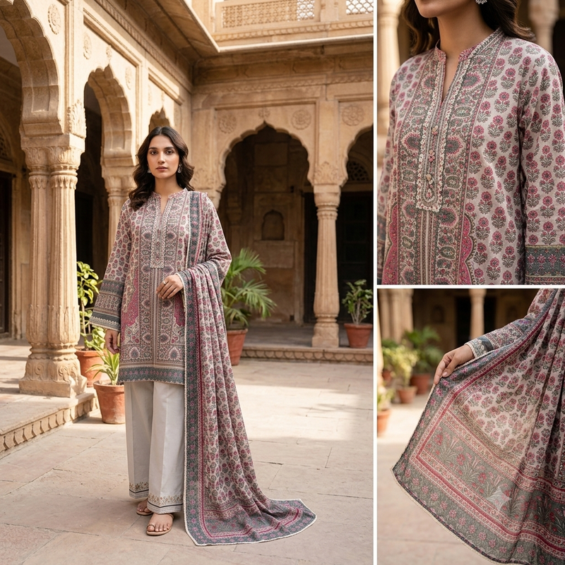 KHAADI 3-Piece Printed Lawn Suit with Printed Lawn Voil Dupatta