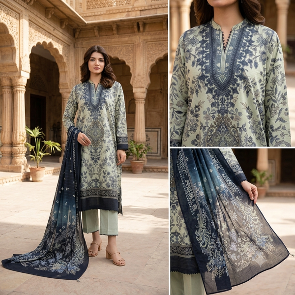 KHAADI 3-Piece Printed Lawn Suit with Printed Lawn Voil Dupatta