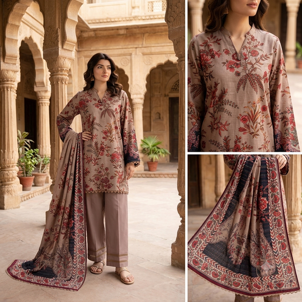 KHAADI 3-Piece Printed Lawn Suit with Printed Lawn Voil Dupatta