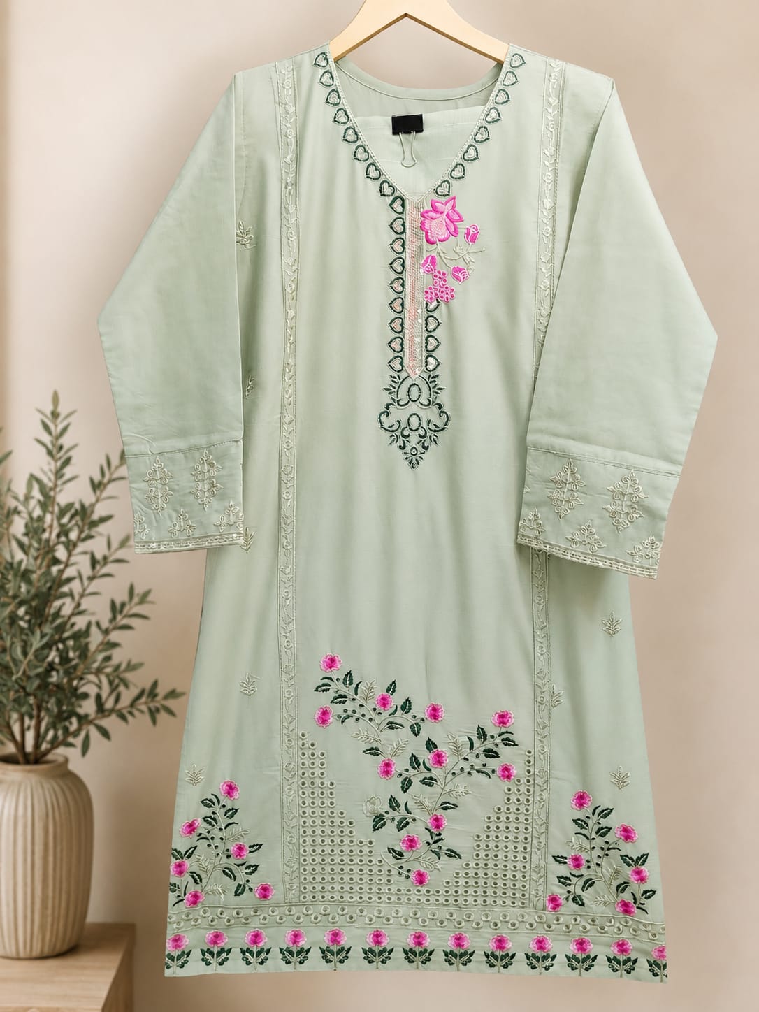 Elegant Mint Green Embroidered PV Cotton Kurti (Medium Length)
