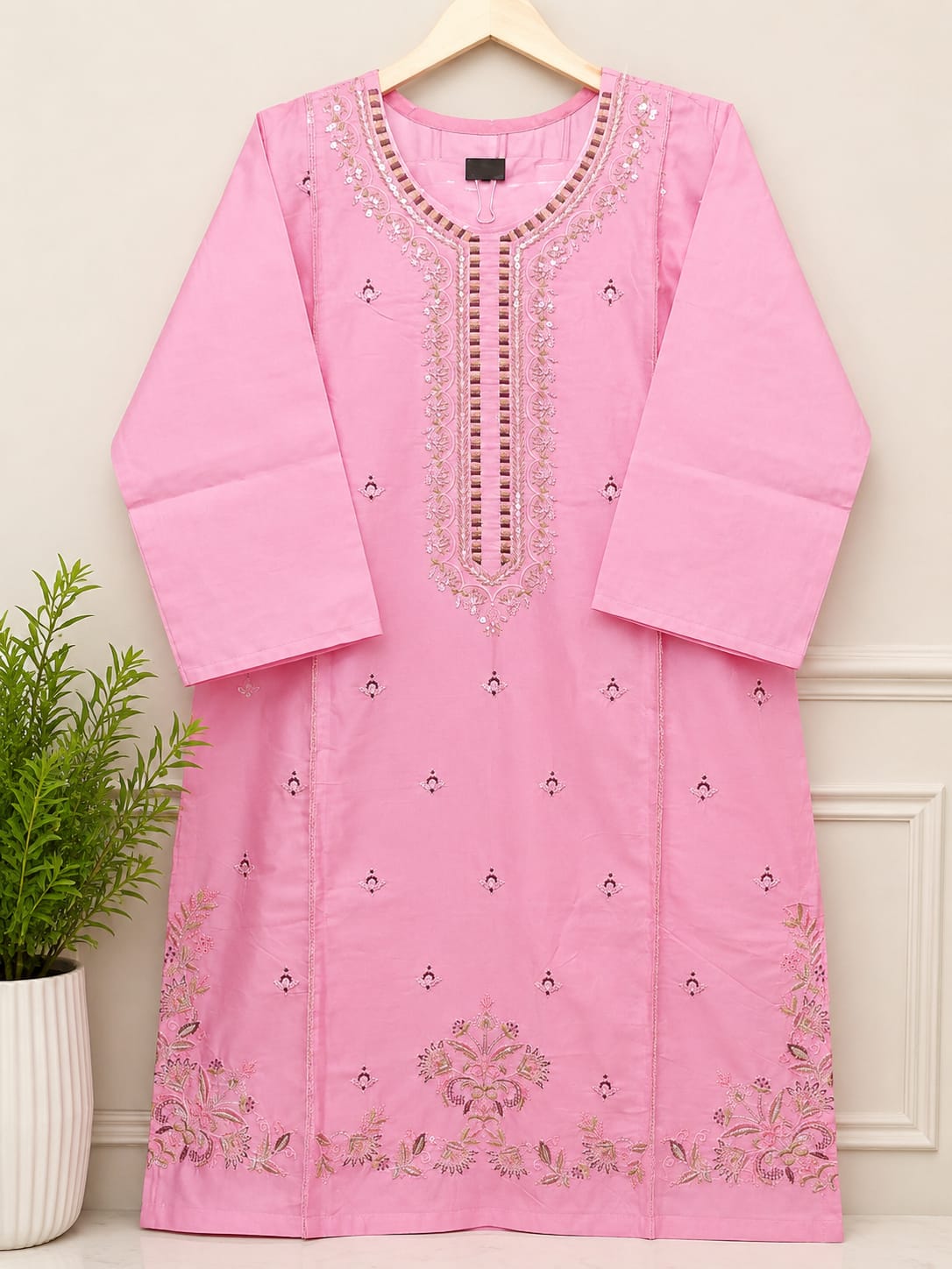 Beautiful Candy Pink Embroidered PV Cotton Kurti (Medium Length)
