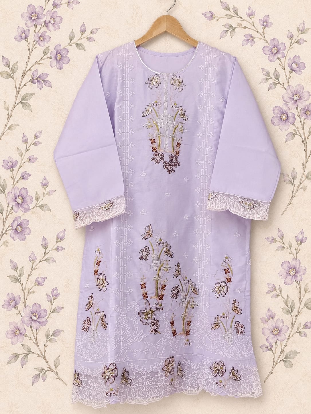 Graceful Lavender 3-Piece Embroidered PV Cotton Suit (Medium Length)