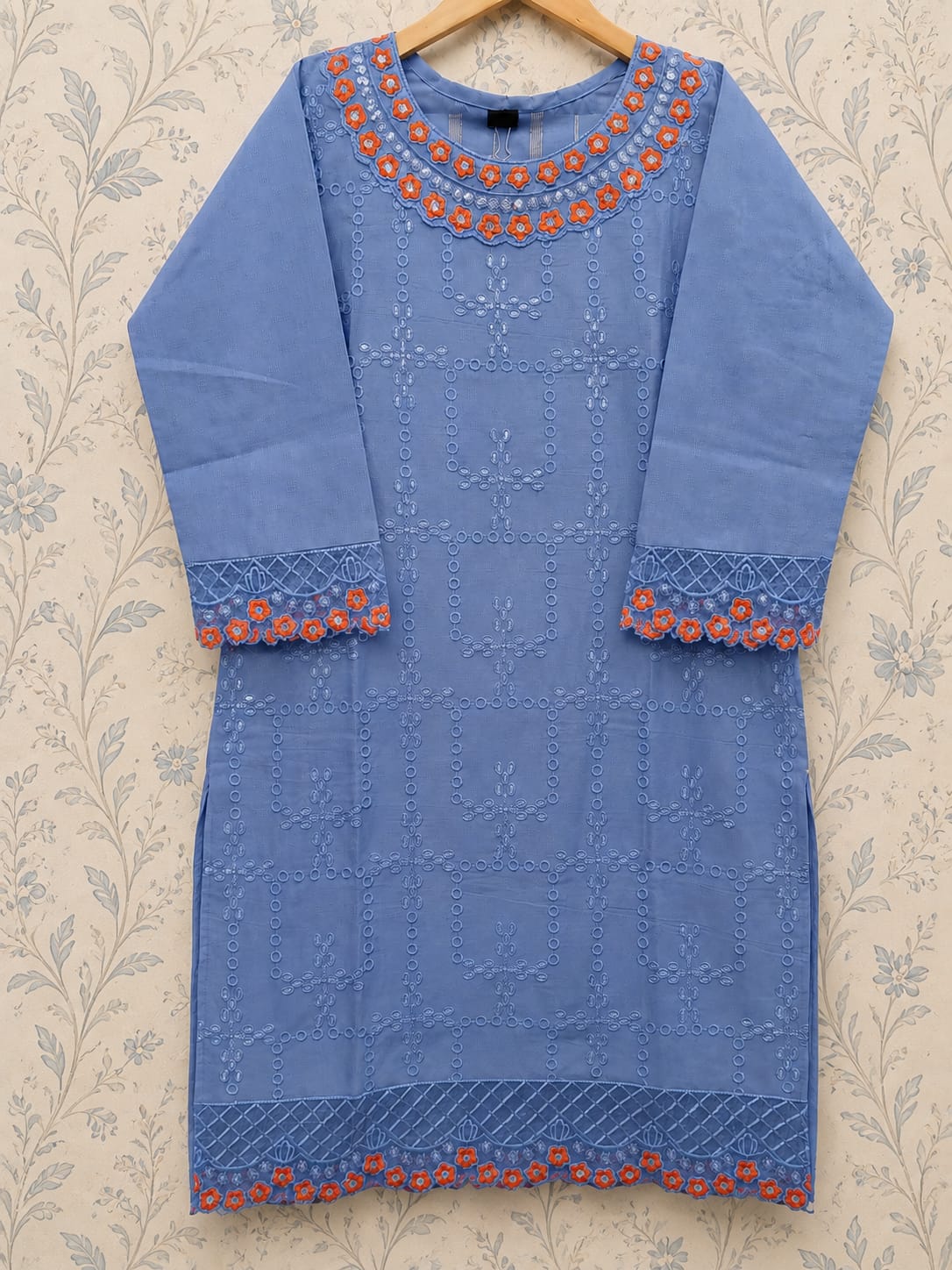 Chic Cornflower Blue 3-Piece Embroidered PV Cotton Suit (Medium Length)