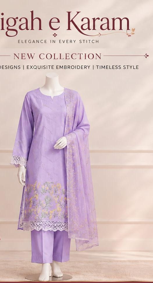 Elegant Lavender 3-Piece Embroidered PV Cotton Suit with Cutwork (Medium Length)