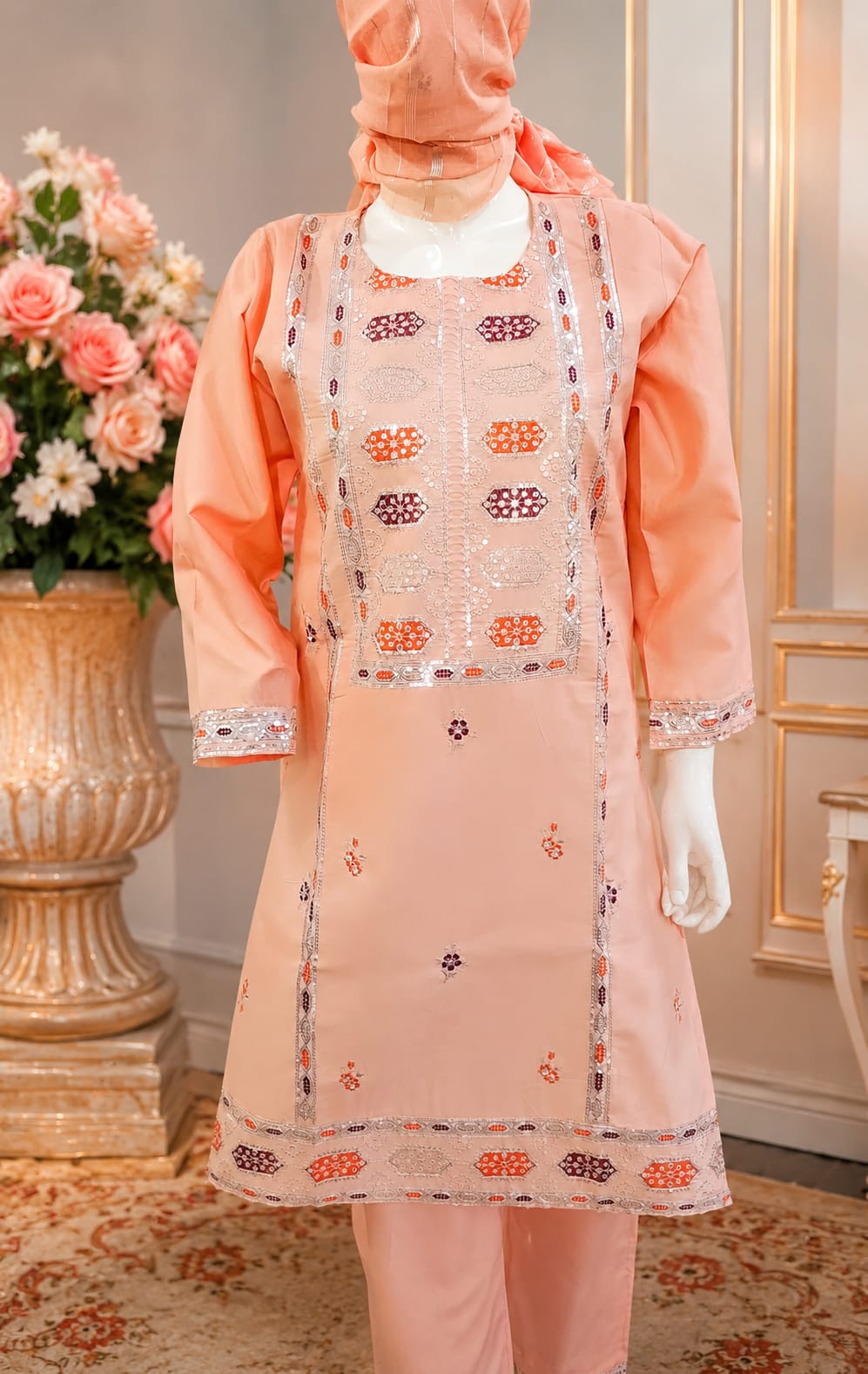 Graceful Peach 3-Piece Embroidered PV Cotton Suit with Mirror-Work Details (Medium Length)