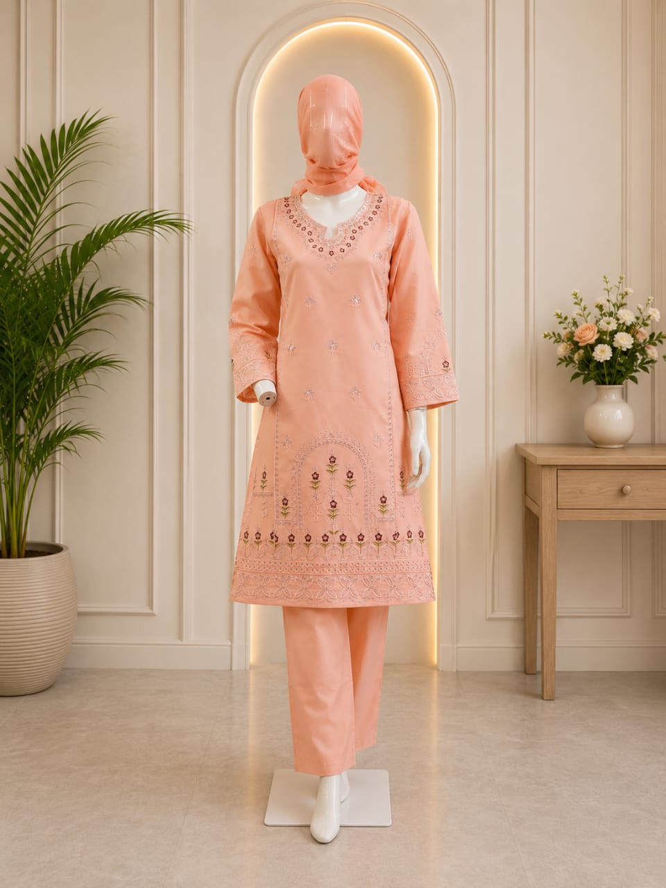 Elegant Peach 3-Piece Embroidered PV Cotton Suit with Cutwork Hem (Medium Length)